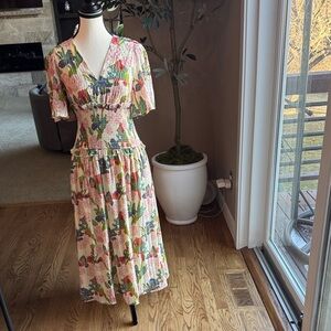 Cream Floral Smocked V-Neck Midi Dress